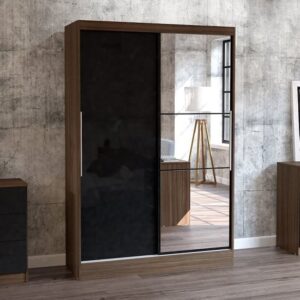 Carola Mirrored Sliding Wardrobe In Walnut And Black High Gloss