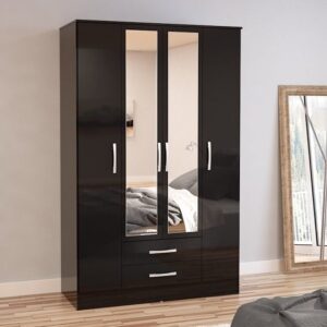 Carola Mirrored Wardrobe In Black High Gloss And 4 Doors