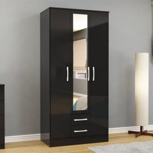 Carola Mirrored Wardrobe In Black High Gloss With 3 Doors