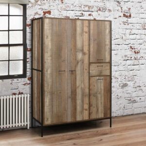 Coruna Wooden Wardrobe Wide In Rustic And Metal Frame