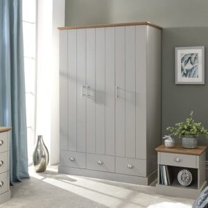 Kirkby Wide Wardrobe In Soft Grey With Oak Effect Top