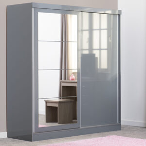 Mack Mirrored High Gloss Sliding Wardrobe With 2 Doors In Grey