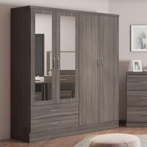 Mack Mirrored Wardrobe With 4 Door 2 Drawer In Black Wood Grain