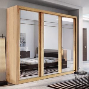 Allen Wardrobe With 3 Mirrored Sliding Doors In Shetland Oak