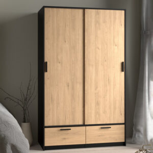 Liston Wooden Wardrobe 2 Doors 2 Drawers In Black And Oak