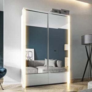 Tacoma Mirrored Wardrobe 2 Sliding Doors In White With LED