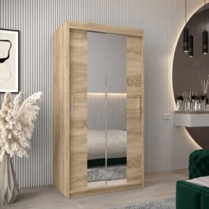 Tavira I Mirrored Wardrobe 2 Sliding Doors 100cm In Sonoma Oak