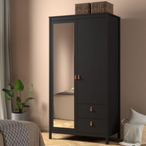 Barcila Mirrored Wooden Wardrobe 2 Doors 2 Drawers In Black