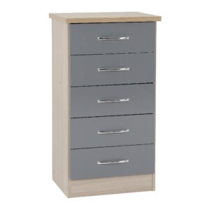 Mark Wooden Chest Of 5 Drawers With Grey Gloss Front In Oak