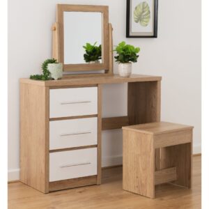 Samaira Oak Wooden Dressing Table Set With 3 White Gloss Drawers