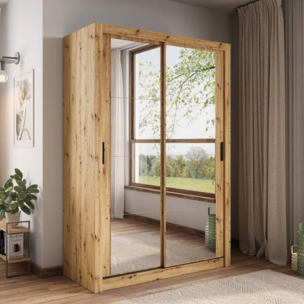 Allen Wooden Mirrored 150cm Wardrobe In Artisan Oak