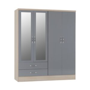 Mark Oak Wooden Wardrobe With 4 Doors Grey Gloss Front