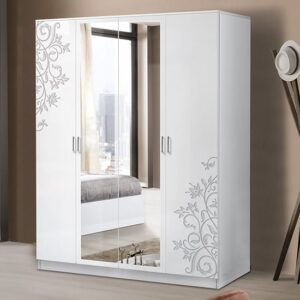 Mayon Mirrored 4 Doors Wardrobe In Flower Pattern White Gloss