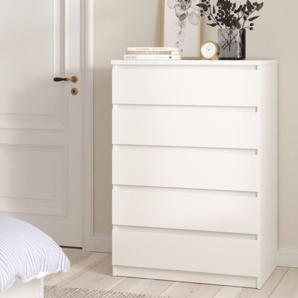 Nakou Wooden Chest Of 5 Drawers Wide In White