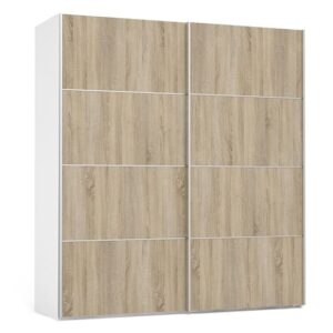 Vrok Wooden Sliding Doors Wardrobe With 5 Shelves In White Oak